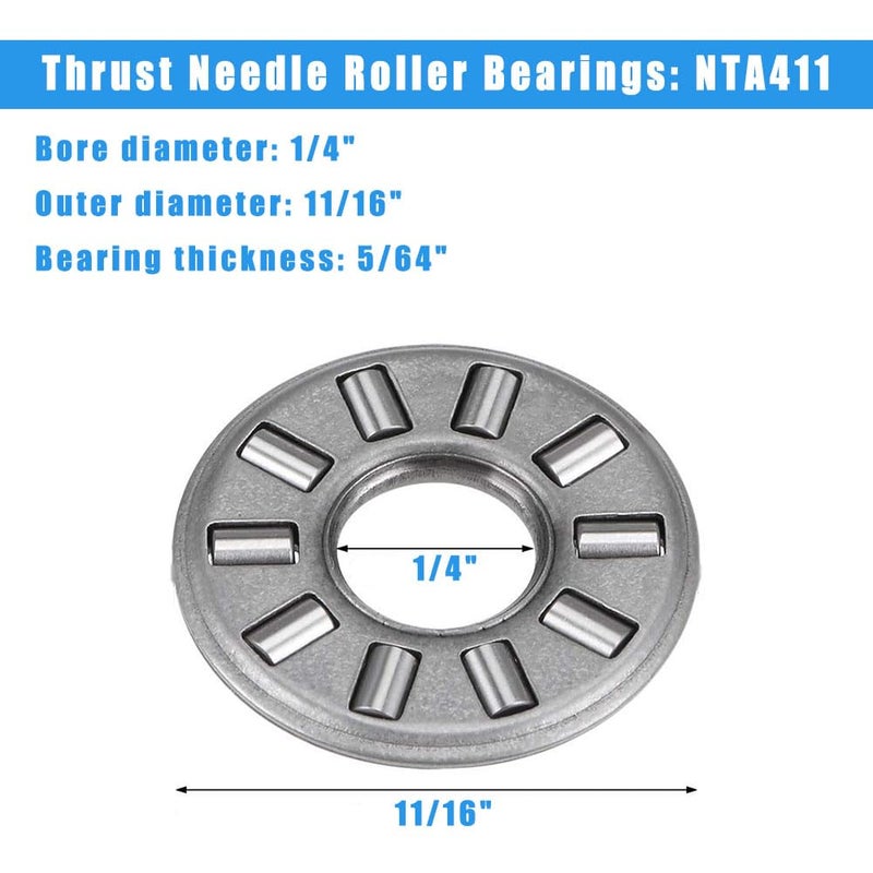 koofull 4 Sets NTA411+2TRA, Thrust Needle Roller Bearings with Two Washers, ID 1/4", OD 11/16" - Image 2